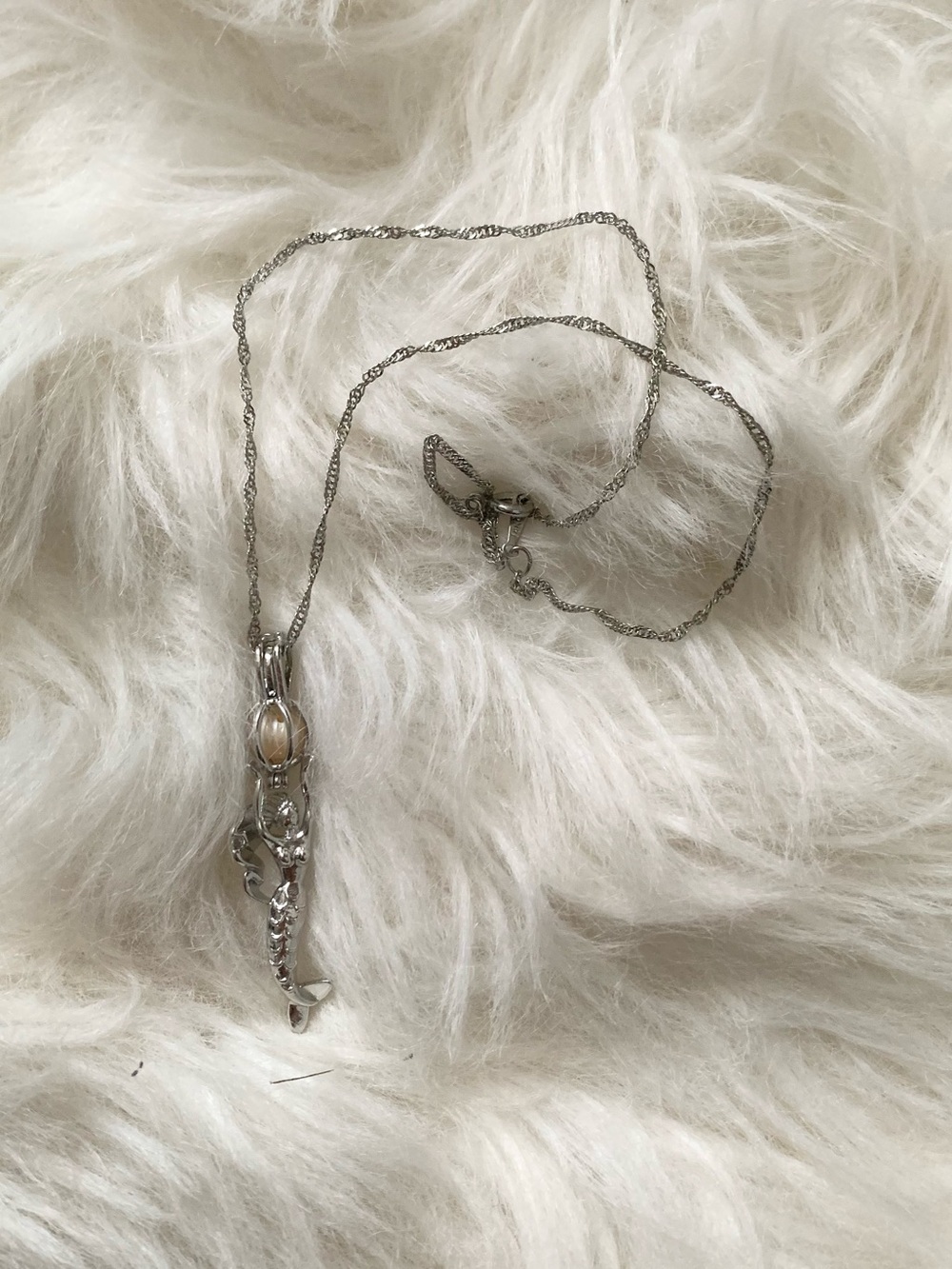 Silvertone Mermaid Charm Pendant With Pearl Necklace